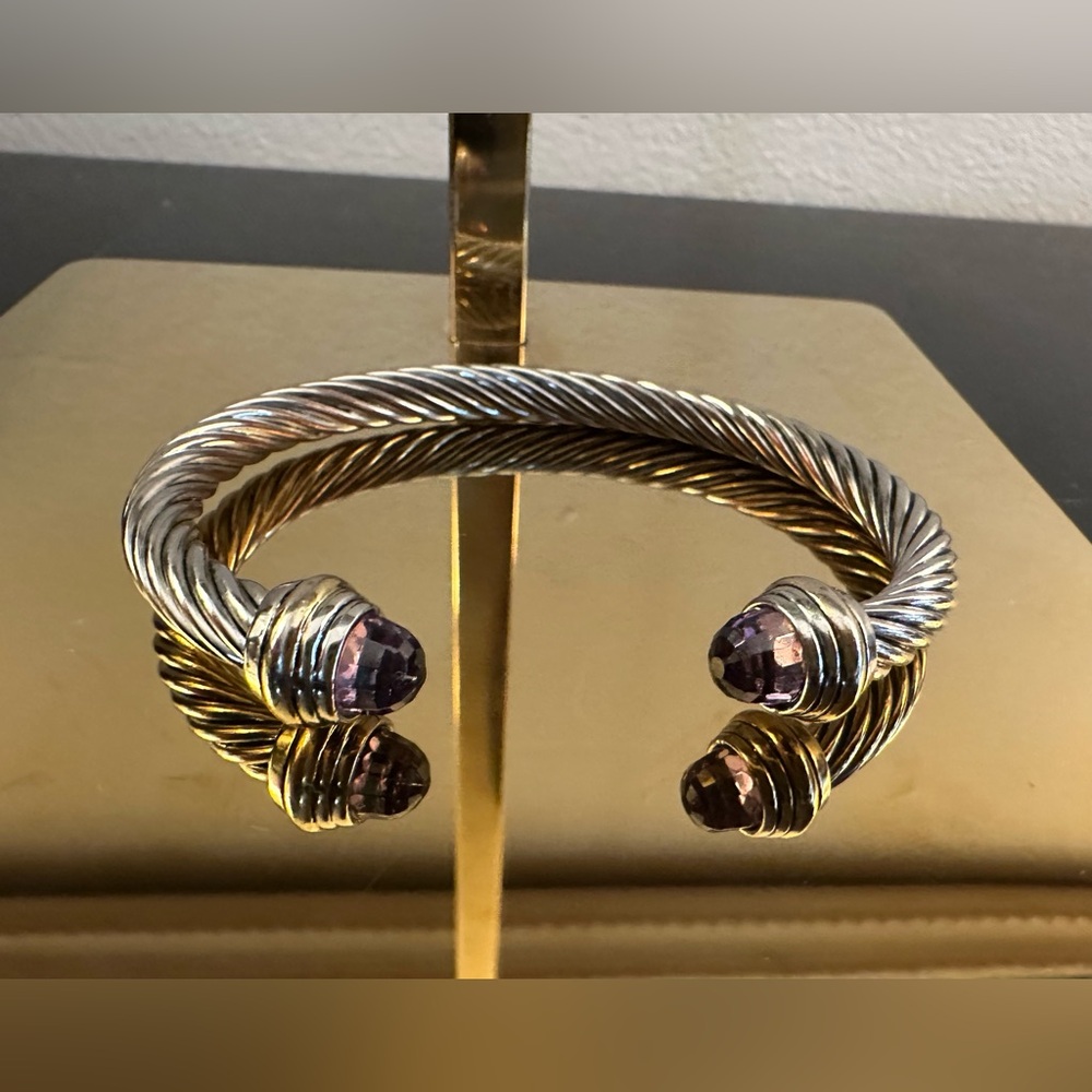 Silver Tone Cable Bracelet with Purple Stones - Picture 2 of 3